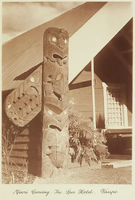 Framed Print : Maori carving, the Spa Hotel, Taupo. From the album: Record Pictures of New Zealand, 1920s. Creator: Harry Moult Framed Print : Maori carving, the Spa Hotel, Taupo. From the album: Record Pictures of New Zealand, 1920s. Creator: Harry Moult