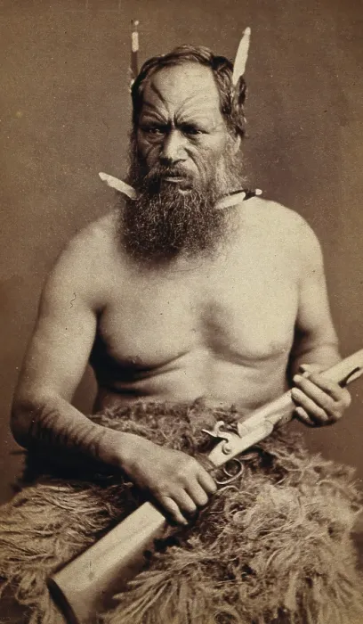 Framed Print : A Maori man with a tattoed face, holding a rifle, c1870s. Creator: James Bragge Framed Print : A Maori man with a tattoed face, holding a rifle, c1870s. Creator: James Bragge