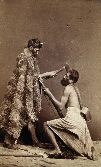 Framed Print : Two Maori men, simulating armed attack with a hatchet and a spear(?), c1880s. Creator: Unknown Framed Print : Two Maori men, simulating armed attack with a hatchet and a spear(?), c1880s. Creator: Unknown