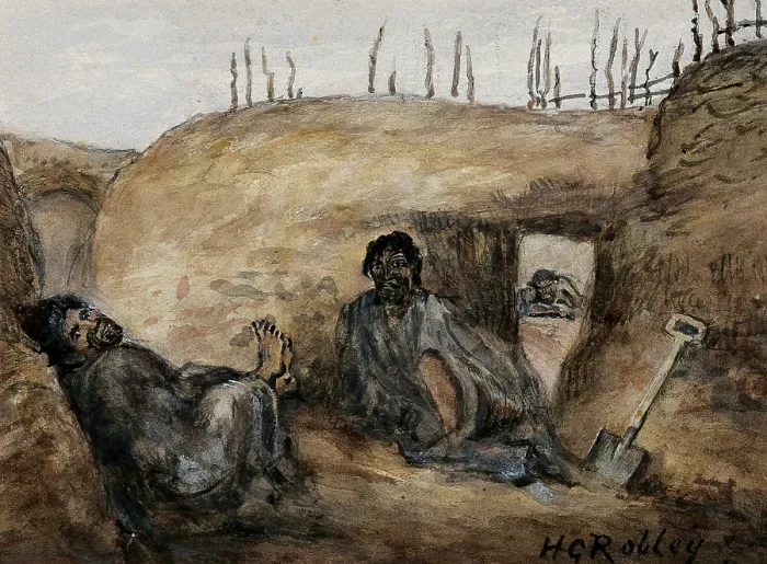 Framed Print : Maori warrior Reweti and a wounded comrade in the Gate Pa pits, 30 April 1864, (1864?). Creator: Major HG Robley Framed Print : Maori warrior Reweti and a wounded comrade in the Gate Pa pits, 30 April 1864, (1864?). Creator: Major HG Robley