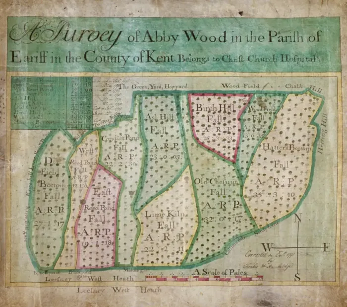 Framed Print : Map of Abbey Wood, part of Erith or Lesnes Manor on the eastern boundary of Woolwich, Kent, 1791 Framed Print : Map of Abbey Wood, part of Erith or Lesnes Manor on the eastern boundary of Woolwich, Kent, 1791