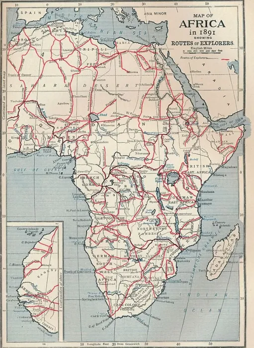 Framed Print : Map of Africa in 1891 showing routes of explorers, 1906 Framed Print : Map of Africa in 1891 showing routes of explorers, 1906