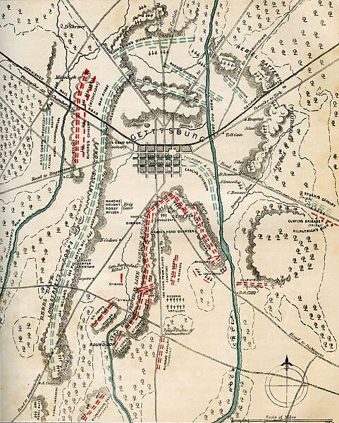 Map of the Battle of Gettysburg, Pennsylvania, 1-3 July 1863 (1862-1867). Artist: Charles Sholl