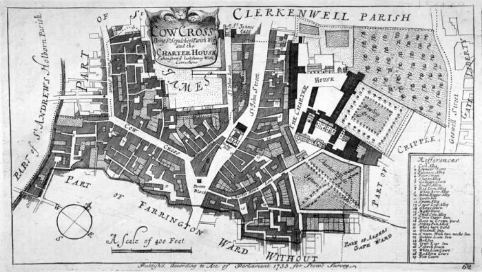 Framed Print : Map of Charterhouse and Cow Cross showing adjoining parishes and wards, London, 1755 Framed Print : Map of Charterhouse and Cow Cross showing adjoining parishes and wards, London, 1755
