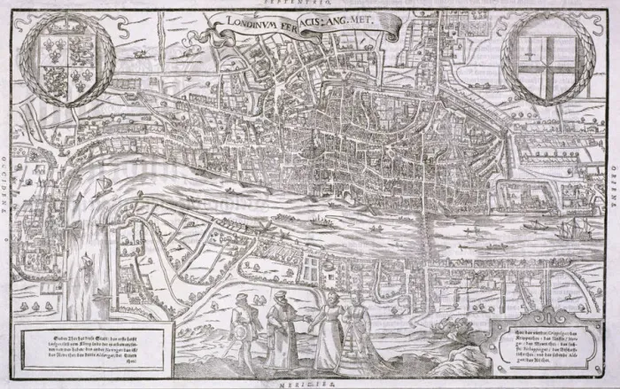 Framed Print : Map of the City of London and City of Westminster with four figures in the foreground, (c1572?) Framed Print : Map of the City of London and City of Westminster with four figures in the foreground, (c1572?)