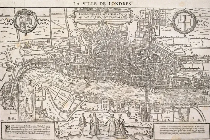 Framed Print : Map of the City of London and City of Westminster with four figures in the foreground, (c1572?) Framed Print : Map of the City of London and City of Westminster with four figures in the foreground, (c1572?)