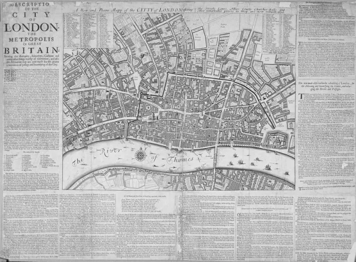 Framed Print : Map of the City of London surrounded by descriptive text, 1676 Framed Print : Map of the City of London surrounded by descriptive text, 1676