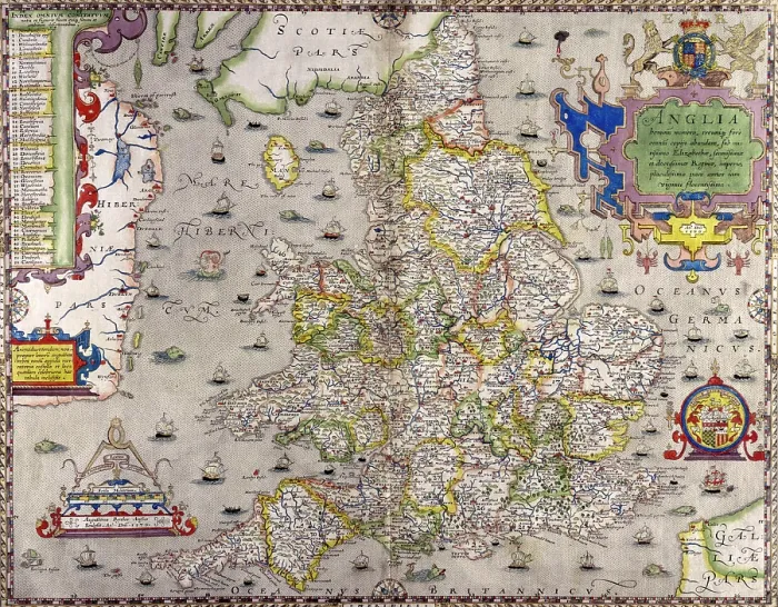 Framed Print : A map of England and Wales, 1583. Creator: Christopher Saxton Framed Print : A map of England and Wales, 1583. Creator: Christopher Saxton