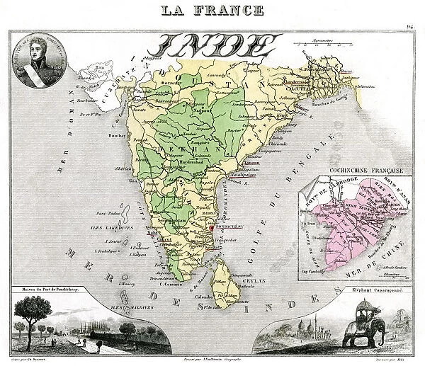 Map of French-occupied India, late 19th century.Artist: Edmond Dyonnet