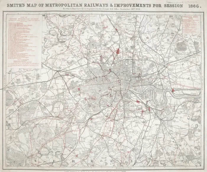 Framed Print : Map of Greater London showing the Metropolitan Railways and improvements in 1866 Framed Print : Map of Greater London showing the Metropolitan Railways and improvements in 1866
