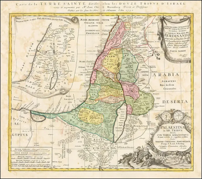 Framed Print : Map of the Holy Land Divided into the Twelve Tribes of Israel, ca 1730. Creator: Homann, Johann Baptist (1663-1724) Framed Print : Map of the Holy Land Divided into the Twelve Tribes of Israel, ca 1730. Creator: Homann, Johann Baptist (1663-1724)