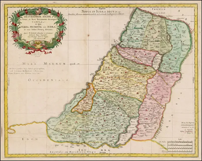 Framed Print : Map of the Holy Land Divided into the Twelve Tribes of Israel, 1679. Creator: Anonymous master Framed Print : Map of the Holy Land Divided into the Twelve Tribes of Israel, 1679. Creator: Anonymous master