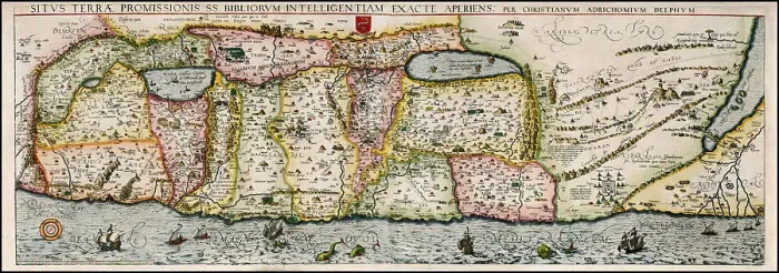 Framed Print : Map of the Holy Land Divided into the Twelve Tribes of Israel, 1580s. Creator: Adrichem, Christian Kruik van (1533-1585) Framed Print : Map of the Holy Land Divided into the Twelve Tribes of Israel, 1580s. Creator: Adrichem, Christian Kruik van (1533-1585)