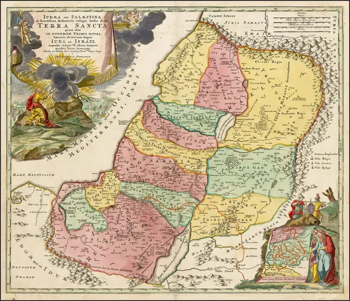 Framed Print : Map of the Holy Land Divided into the Twelve Tribes of Israel, c. 1710. Creator: Homann, Johann Baptist (1663-1724) Framed Print : Map of the Holy Land Divided into the Twelve Tribes of Israel, c. 1710. Creator: Homann, Johann Baptist (1663-1724)