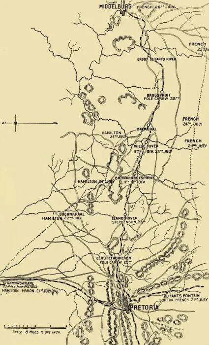 Framed Print : Map Illustrating the Eastward Move from Eerstefabrieken to Middelburg, 1901. Creator: Unknown Framed Print : Map Illustrating the Eastward Move from Eerstefabrieken to Middelburg, 1901. Creator: Unknown