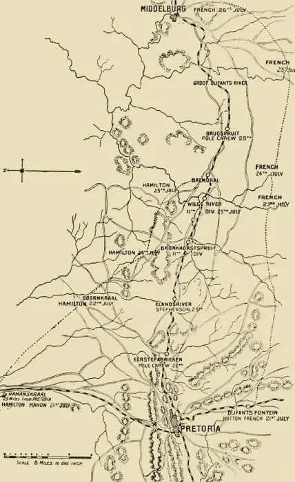 Framed Print : Map Illustrating the Eastward Move from Eerstefabrieken to Middelburg, 1901. Creator: Unknown Framed Print : Map Illustrating the Eastward Move from Eerstefabrieken to Middelburg, 1901. Creator: Unknown