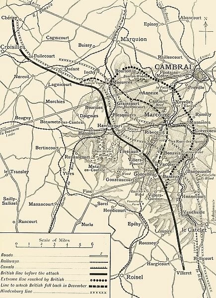 Map illustrating the First Battles of Cambrai, November-December 1917, (c1920). Creator: Unknown