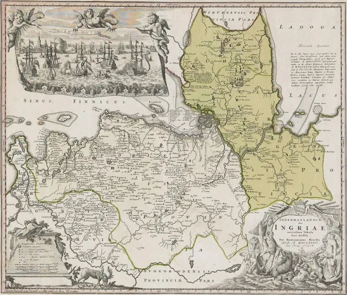 Framed Print : Map of Ingria with View of Saint Petersburg. Artist: Homann, Johann Baptist (1663-1724) Framed Print : Map of Ingria with View of Saint Petersburg. Artist: Homann, Johann Baptist (1663-1724)