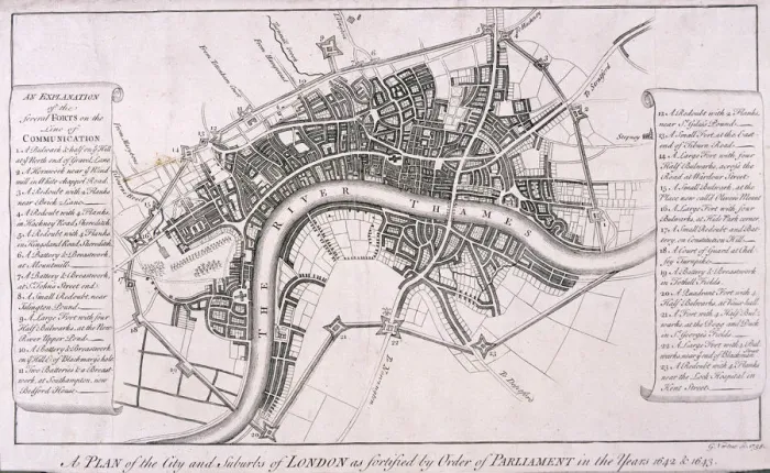 Framed Print : Map of London showing English Civil War Fortifications, c1642, (c1750) Framed Print : Map of London showing English Civil War Fortifications, c1642, (c1750)