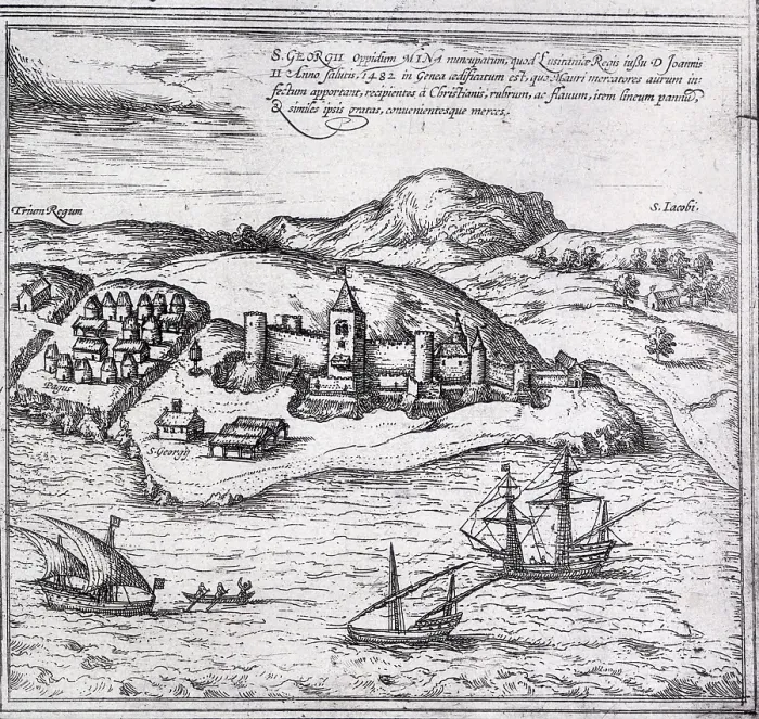 Framed Print : Map of Mina, West Africa, 1572. Creator: Franz Hogenberg Framed Print : Map of Mina, West Africa, 1572. Creator: Franz Hogenberg