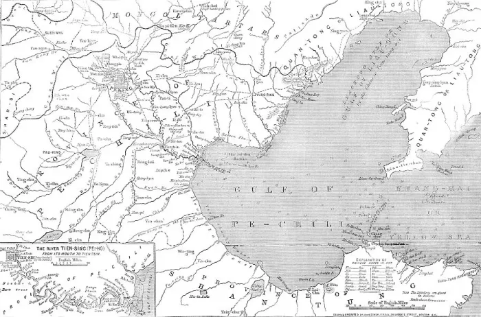 Framed Print : Map of North-east China, showing the Gulf of Pechili, the Tien-Tsin (Peiho) River... 1860. Creator: John Dower Framed Print : Map of North-east China, showing the Gulf of Pechili, the Tien-Tsin (Peiho) River... 1860. Creator: John Dower