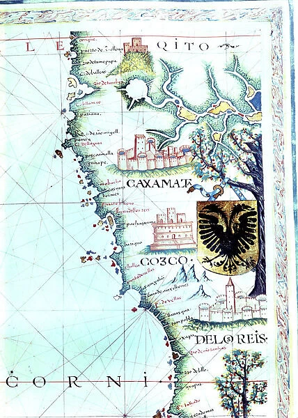 Map of the Pacific coast along the present nations of Ecuador and Peru, with villages of Quito