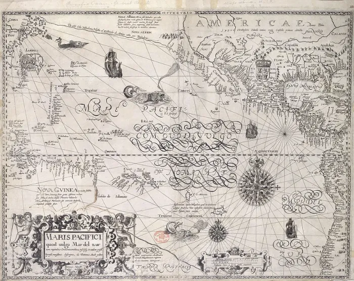 Framed Print : Map of the Pacific Ocean, 1600. Creator: Benjamin Wright Framed Print : Map of the Pacific Ocean, 1600. Creator: Benjamin Wright
