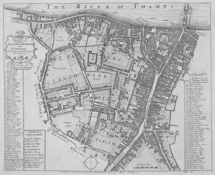 Framed Print : Map of the Parishes of St Georges and St Saviours, Southwark, London, 1755. Artist Framed Print : Map of the Parishes of St Georges and St Saviours, Southwark, London, 1755. Artist