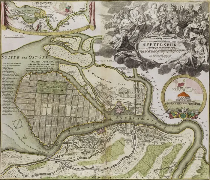 Framed Print : Map of Petersburg (Saint Petersburg master plan). Artist: Le Blond, Jean-Baptiste Alexandre (1679-1719)