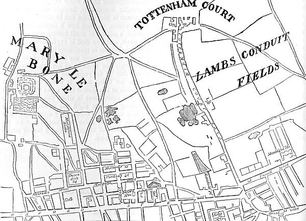 Map of Rathbone Place and its neighbourhood, Westminster, London, 1746 (1878)
