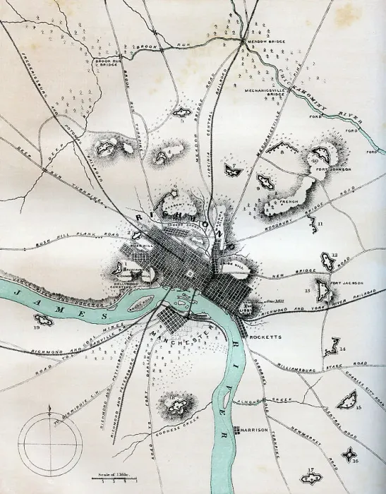 Framed Print : A map of Richmond and its vicinity showing all batteries, 1862-1867. Artist: W Kemble Framed Print : A map of Richmond and its vicinity showing all batteries, 1862-1867. Artist: W Kemble