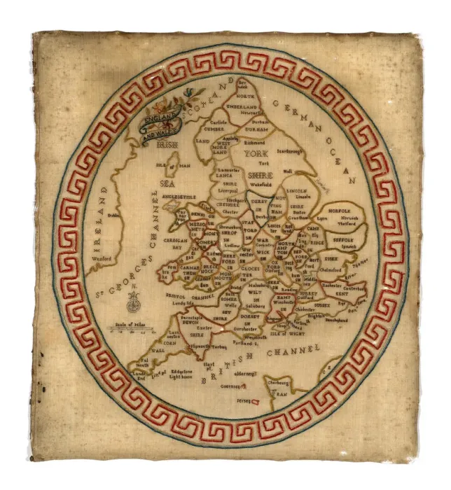 Framed Print : Map Sampler, England, c. 1800. Creator: Unknown Framed Print : Map Sampler, England, c. 1800. Creator: Unknown