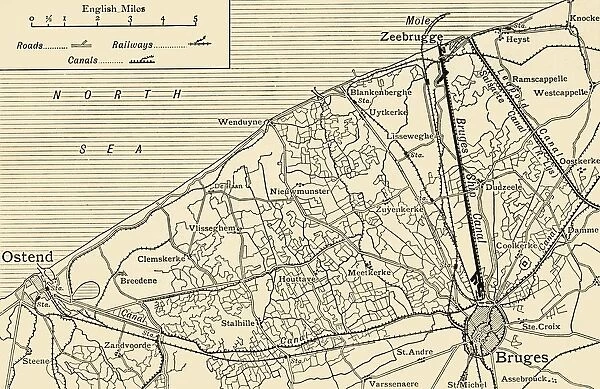 Map showing the Canal System connecting Zeebrugge and Ostend with Bruges'...(c1920)