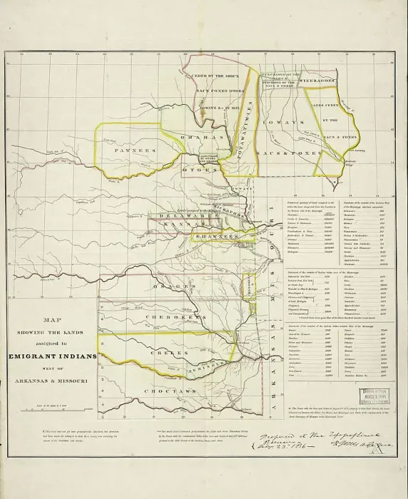 Framed Print : Map showing the lands assigned to emigrant Indians west of Arkansas and Missouri, 1836. Creator: Topographical Bureau Framed Print : Map showing the lands assigned to emigrant Indians west of Arkansas and Missouri, 1836. Creator: Topographical Bureau