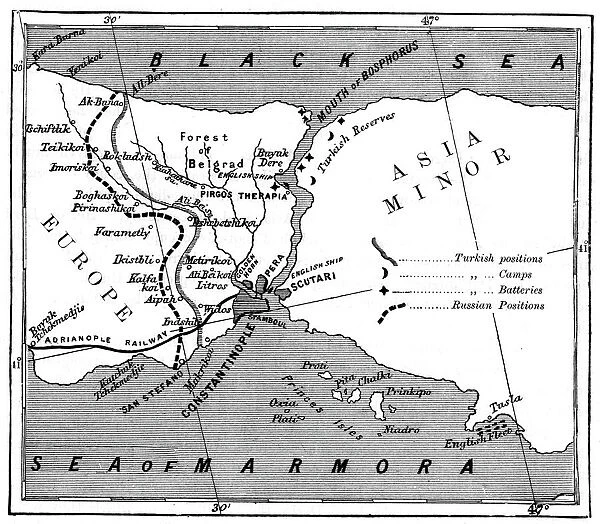 A map showing the positions of Russian and Turkish lines outside Constantinople, 1900