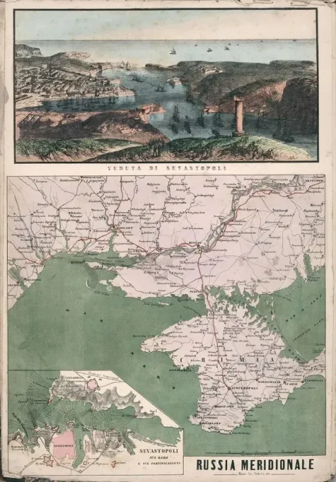 Framed Print : Map of southern Russia with view of Sevastopol Bay and its fortifications, 1853. Creator: Civelli Framed Print : Map of southern Russia with view of Sevastopol Bay and its fortifications, 1853. Creator: Civelli