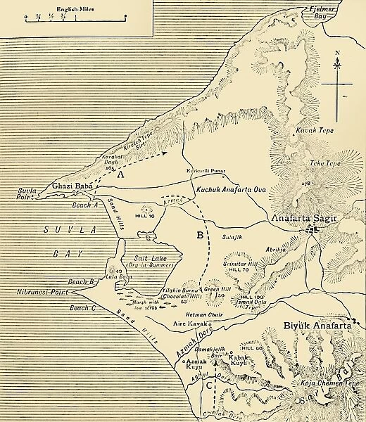 Map of Suvla Bay, Gallipoli peninsula, First World War, 1915, (c1920). Creator: Unknown