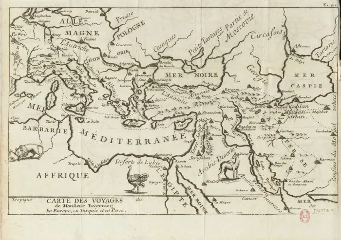 Framed Print : Map of Taverniers Travels in Europe, Persia, Turkey, 17th century. Creator: Anonymous master Framed Print : Map of Taverniers Travels in Europe, Persia, Turkey, 17th century. Creator: Anonymous master