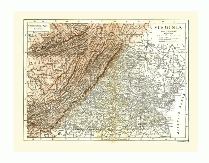 Framed Print : Map of Virginia, USA, c1900. Artist: Carl Hentschel Framed Print : Map of Virginia, USA, c1900. Artist: Carl Hentschel