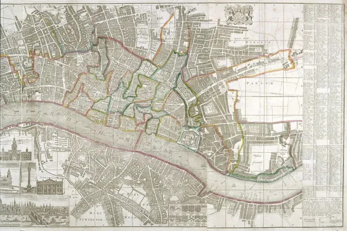 Framed Print : Map of Westminster, the City of London, Southwark and surrounding areas, 1743. Artist Framed Print : Map of Westminster, the City of London, Southwark and surrounding areas, 1743. Artist