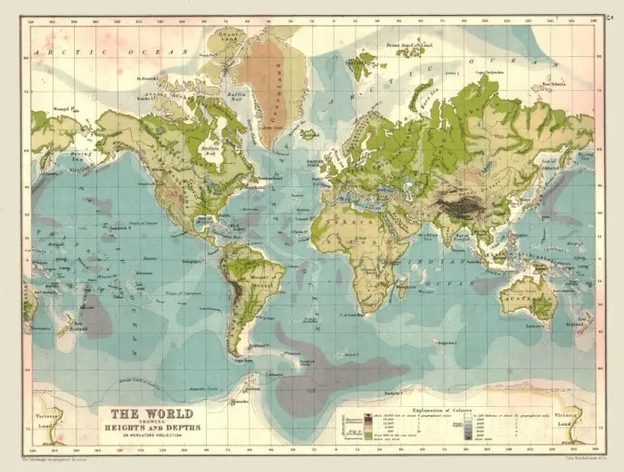 Framed Print : Map of the World showing Heights and Depths, 1902. Creator: Unknown