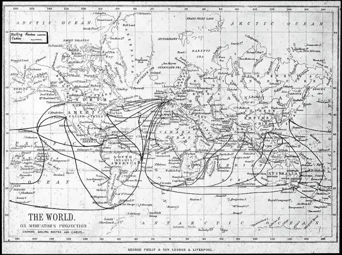 Framed Print : Map of the world showing sailing routes and telegraph cables, c1893. Artist: George Philip & Son Ltd Framed Print : Map of the world showing sailing routes and telegraph cables, c1893. Artist: George Philip & Son Ltd