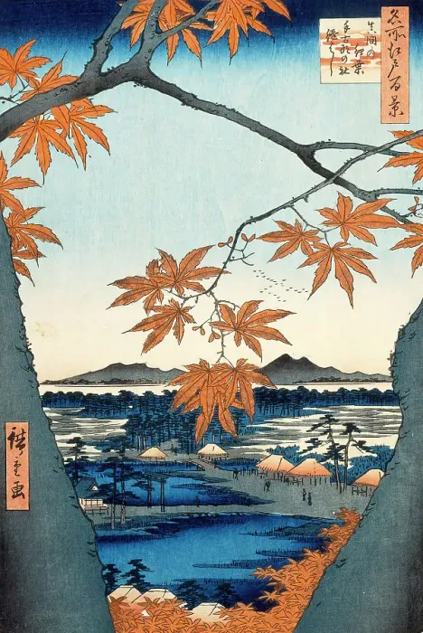 Framed Print : Maple Trees at Mama, Tekona Shrine and Linked Bridge, 1857. Creator: Ando Hiroshige Framed Print : Maple Trees at Mama, Tekona Shrine and Linked Bridge, 1857. Creator: Ando Hiroshige