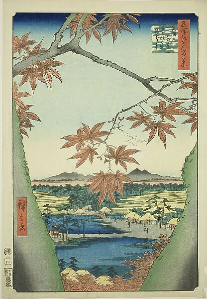 Maple Trees at Mama, Tekona Shrine and Tsugi Bridge (Mama no momiji, Tekona no yashiro, Ts... 1857. Creator: Ando Hiroshige)