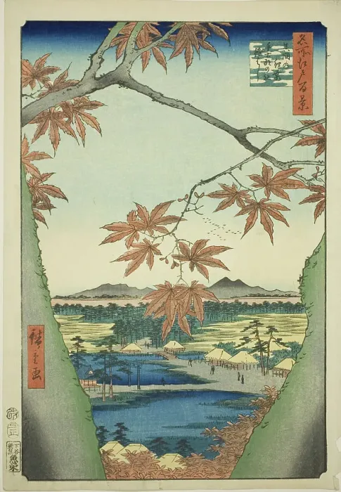 Framed Print : Maple Trees at Mama, Tekona Shrine and Tsugi Bridge (Mama no momiji, Tekona no yashiro, Ts... 1857. Creator: Ando Hiroshige) Framed Print : Maple Trees at Mama, Tekona Shrine and Tsugi Bridge (Mama no momiji, Tekona no yashiro, Ts... 1857. Creator: Ando Hiroshige)