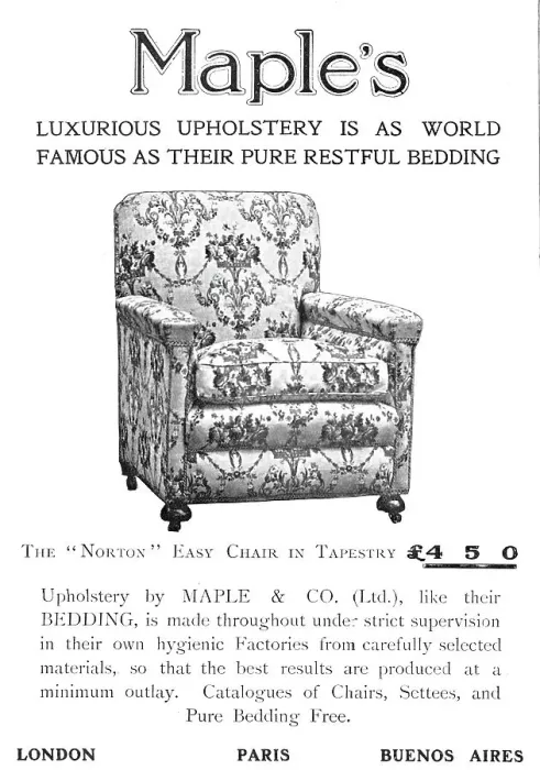Framed Print : Maple's luxurious upholstery is as world-famous as their pure restful bedding, 1909. Creator: Unknown Framed Print : Maple's luxurious upholstery is as world-famous as their pure restful bedding, 1909. Creator: Unknown