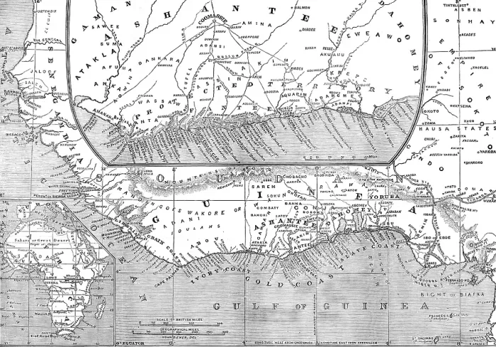 Framed Print : Maps of Africa, Upper Guinea, and the Gold Coast, showing the site of the Ashantee War, 1873. Creator: H. Crane