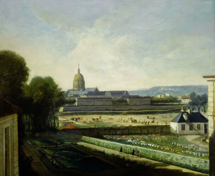 Framed Print : The marble depot and esplanade in front of Tuileries swing bridge, before construction...c 1745-1755 Creator: Unknown Framed Print : The marble depot and esplanade in front of Tuileries swing bridge, before construction...c 1745-1755 Creator: Unknown
