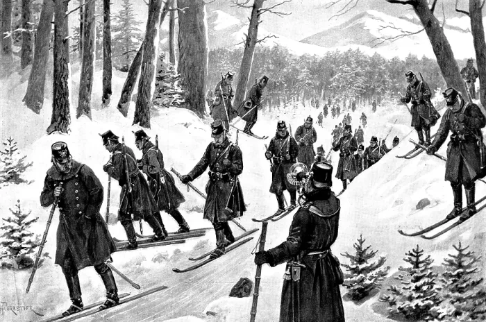 Framed Print : March of the 5th Prussian Rifle Battalion on snow-shoes through the Giant's Mountains, Silesia Framed Print : March of the 5th Prussian Rifle Battalion on snow-shoes through the Giant's Mountains, Silesia