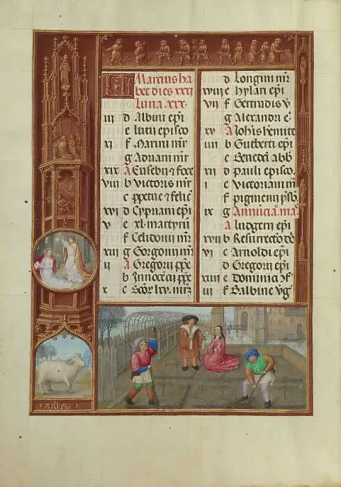 Framed Print : March Calendar Page: Gardening: Aries; Spinola Hours, about 1510-1520. Creator: Workshop of the Master of James IV of Scotland Framed Print : March Calendar Page: Gardening: Aries; Spinola Hours, about 1510-1520. Creator: Workshop of the Master of James IV of Scotland